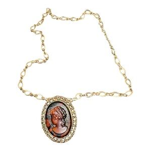 Rare! Vintage West Germany Cameo Pendant Necklace – Gold Tone, Ornate Frame